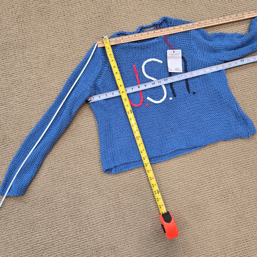 Wooden Ships Women S/M USA Sweater chunky Loose Knit Blue Patriotic Pullover NEW - Picture 9 of 9